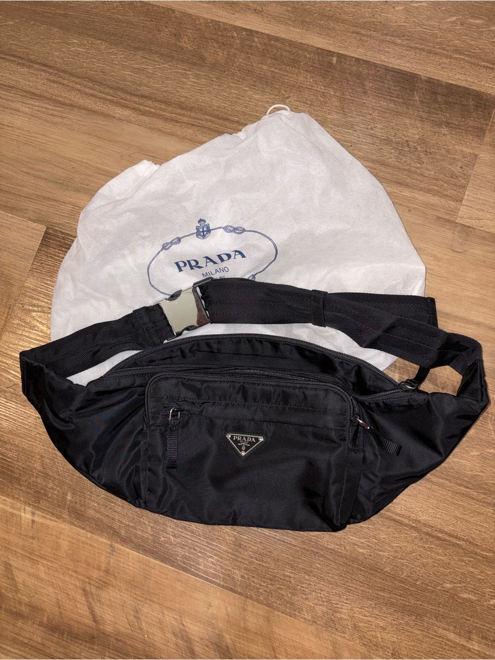 Prada Black Nylon Belt Bag with Triangular Logo